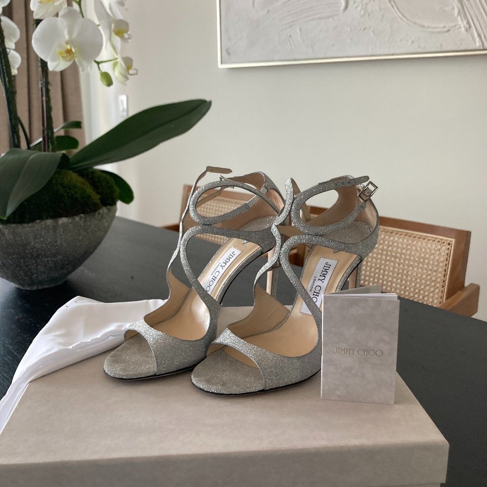 Jimmy Choo Lang 100 Glittered Leather Sandals Size 37